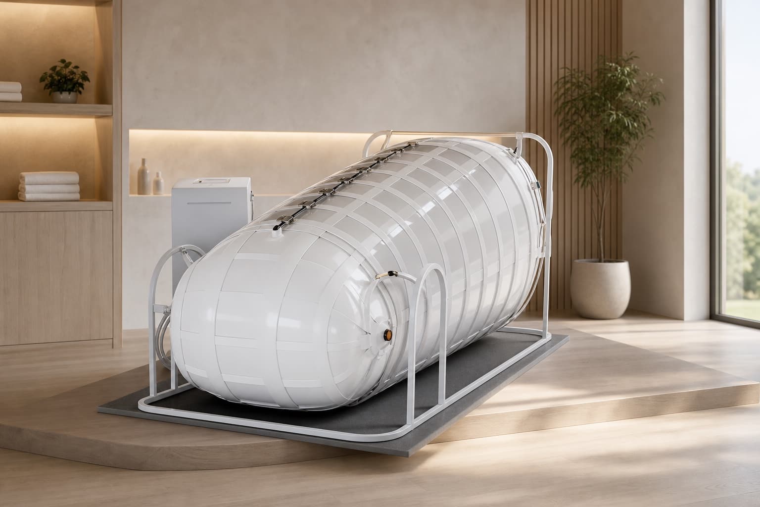 2.0 ATA Triangular HBOT Kammer (Luxury) — Mehrplatz von hyperbaricoxygentherapy.de, Import CN, Außenansicht