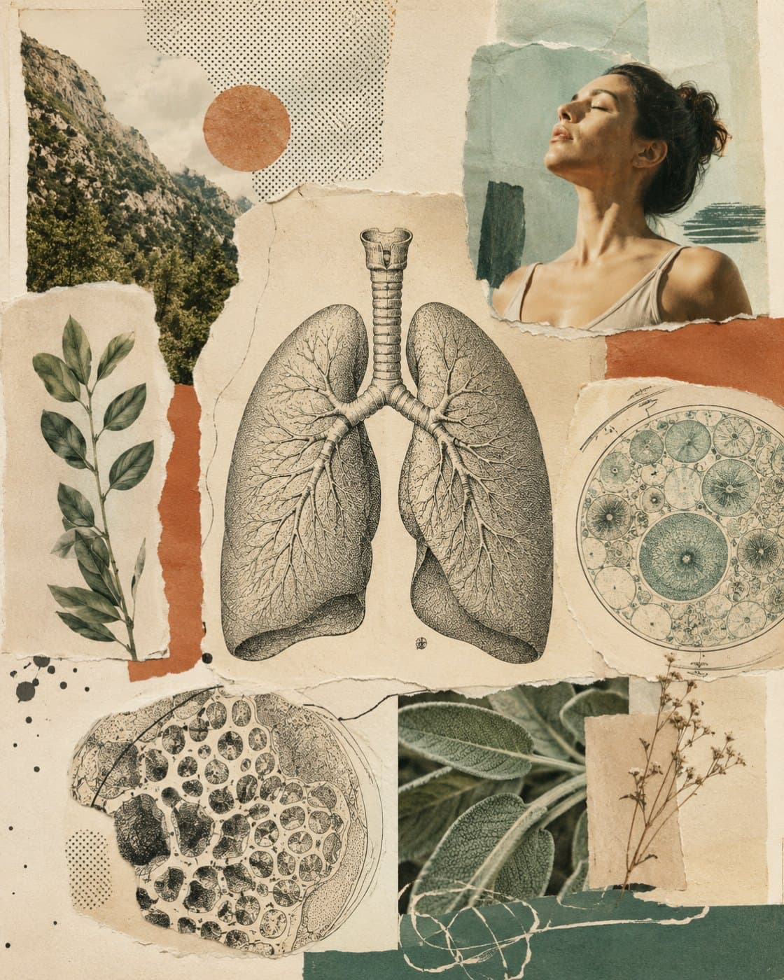 Editorial-Collage: Lunge, Zellen, Pflanzen